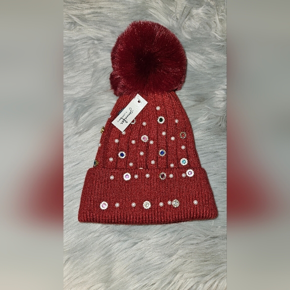Elegant Red Beanie with Pom Pom and Pearl Accents - Picture 5 of 5